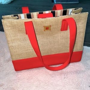 City DKNY Straw Tote Handbag Red & Tan